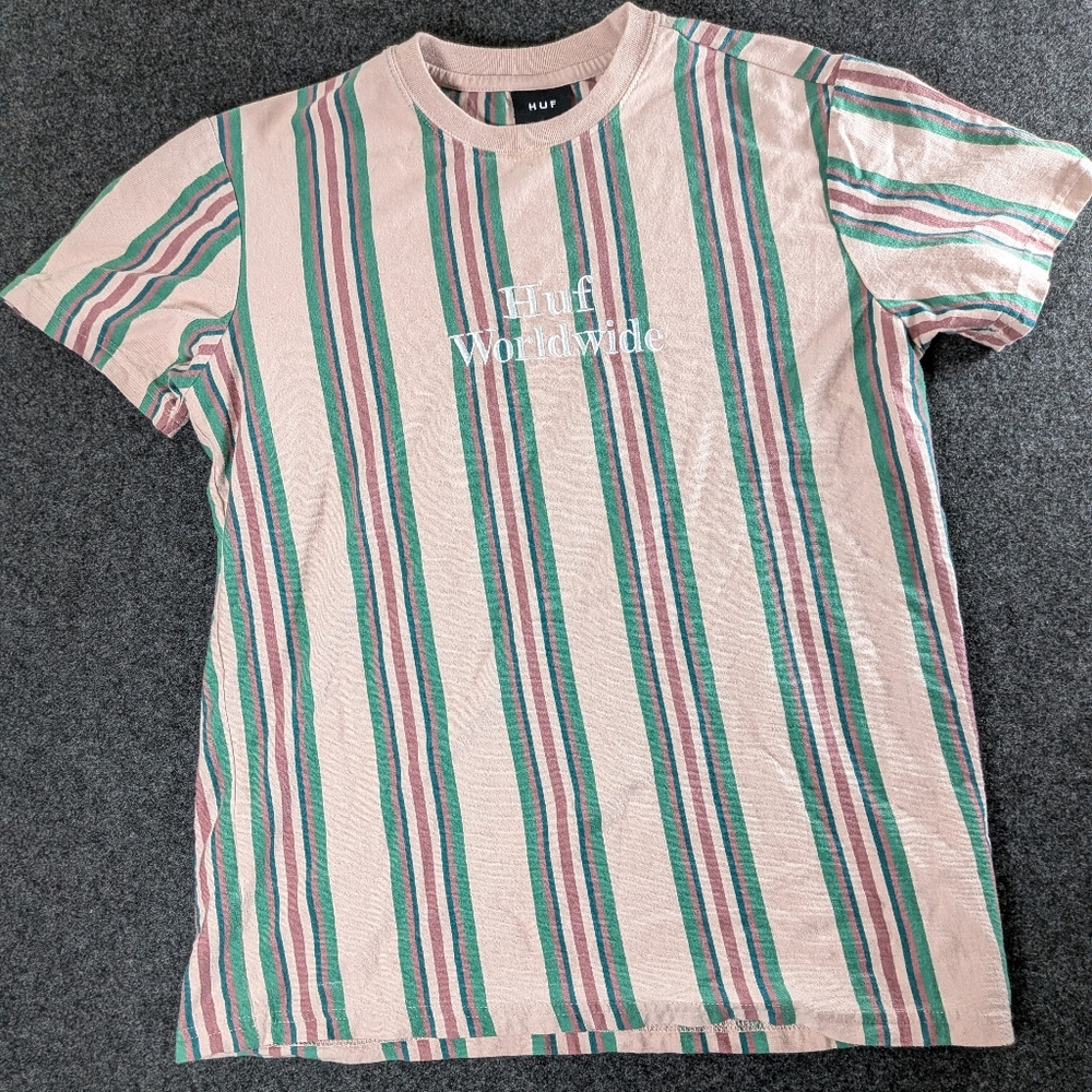 HUF Striped T-Shirt in Pink and Green